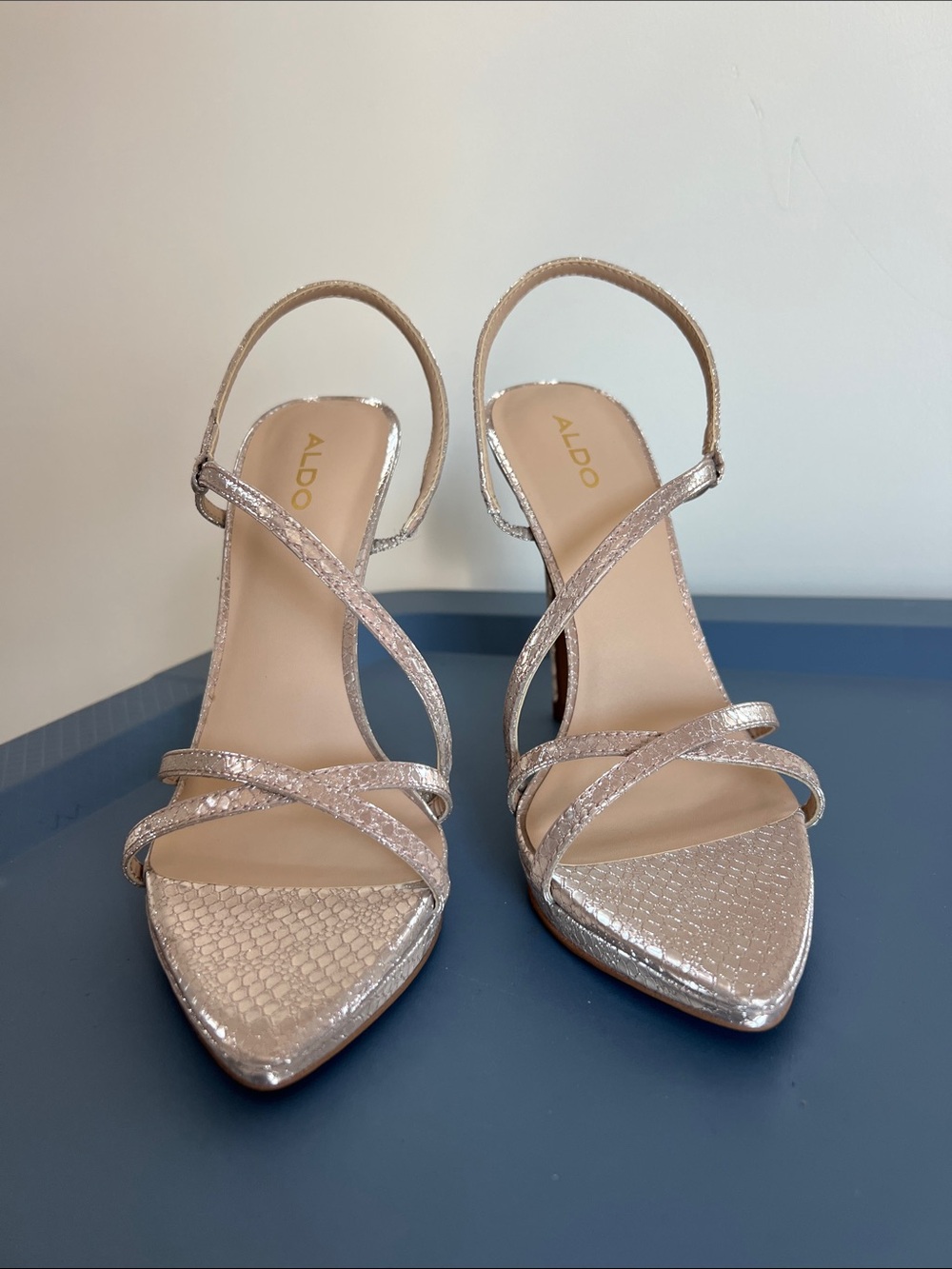 Aldo resurge shimmer stiletto open toe sandals heels strappy mock snake design 7 - Picture 6 of 10